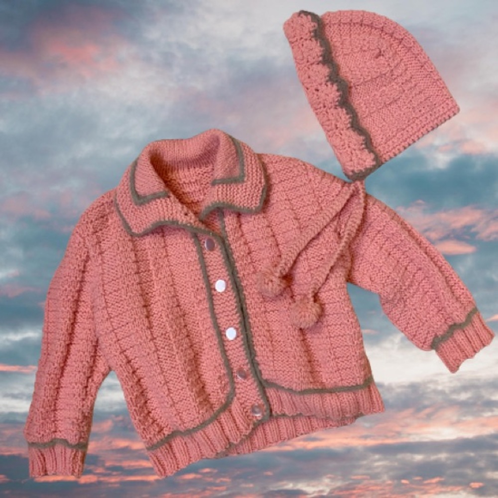 Hi Barbie! Vintage 60s Toddler Pom Pom Bonnet and Cardigan Sweater handknit